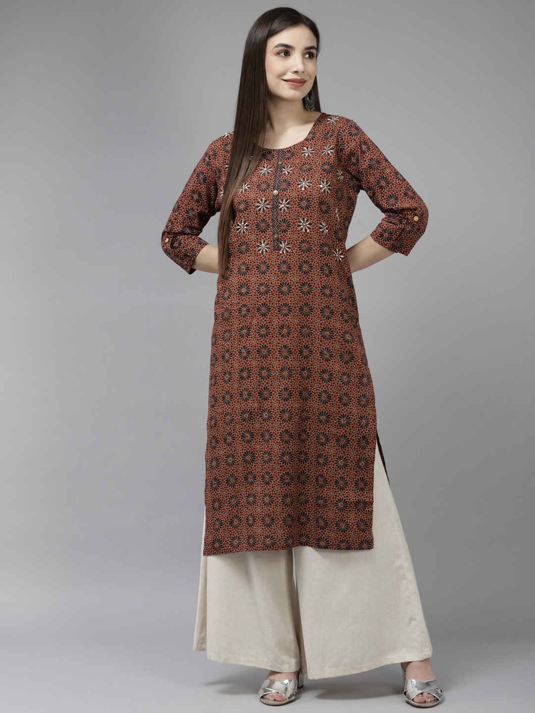 

Yufta Women Brown & Black Floral Print Pure Cotton Kurta