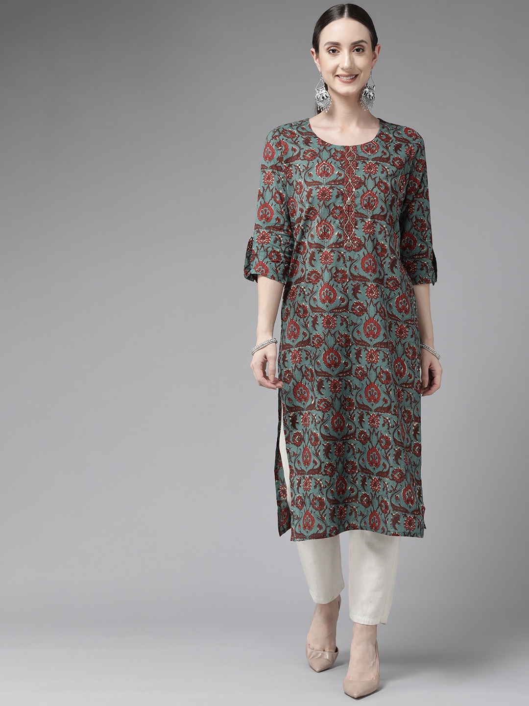 

Yufta Women Green & Maroon Floral Printed Floral Cotton Kurta