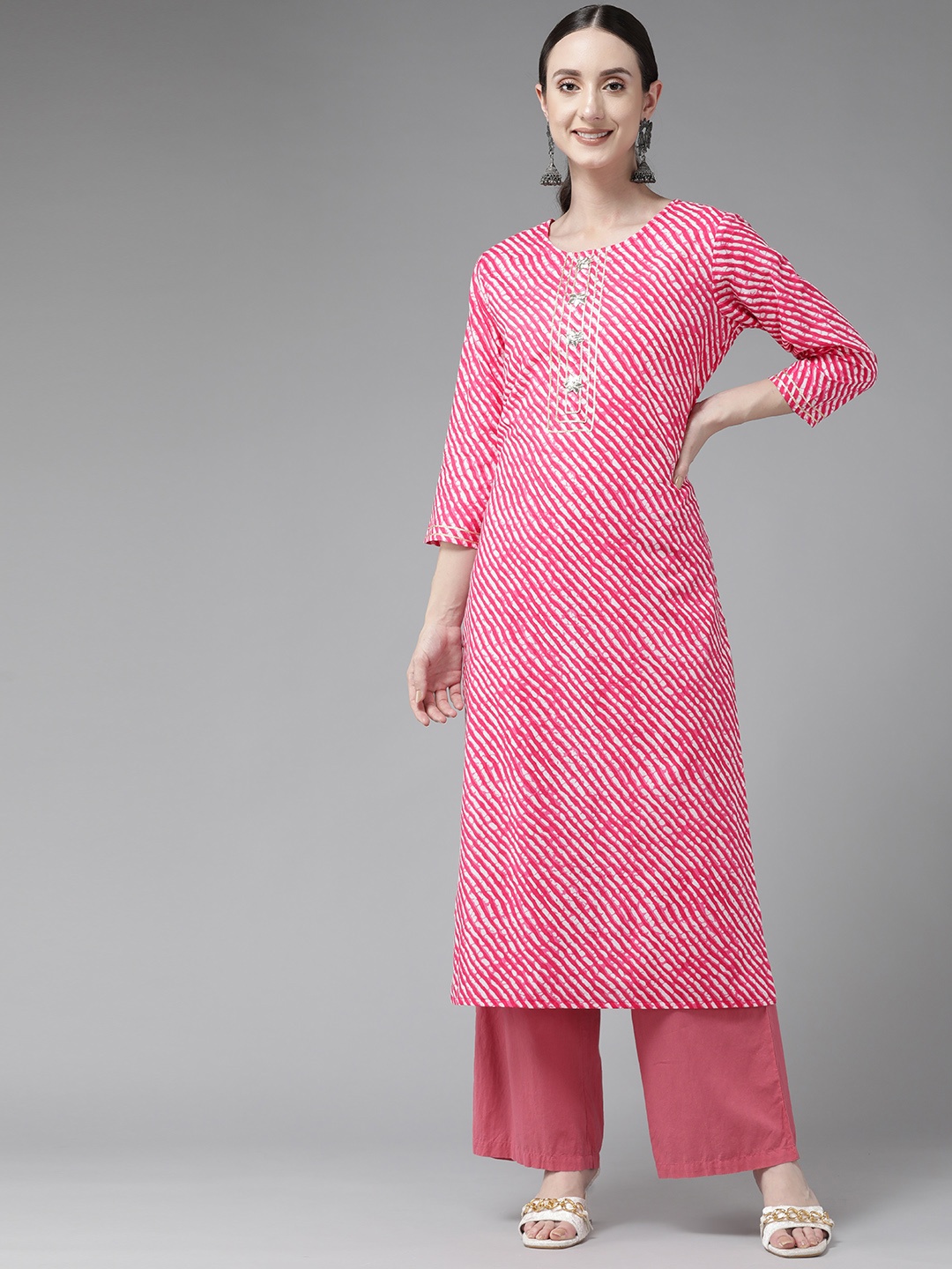 

Yufta Women Pink Leheriya Striped Gotta Patti Kurta