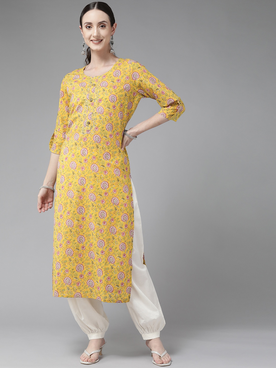 

Yufta Women Yellow & Pink Floral Printed Floral Cotton Kurta