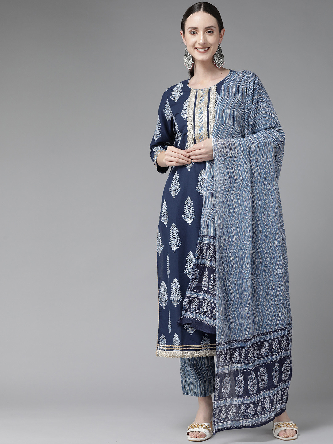 

Yufta Women Navy Blue Ethnic Motifs Printed Sequinned Pure Cotton Kurta with Trousers & With Dupatta