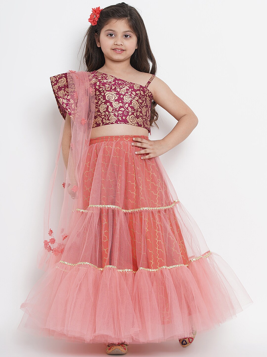 

Bitiya by Bhama Girls Peach-Coloured & Gold-Toned Printed Block Print Ready to Wear Lehenga & Blouse With