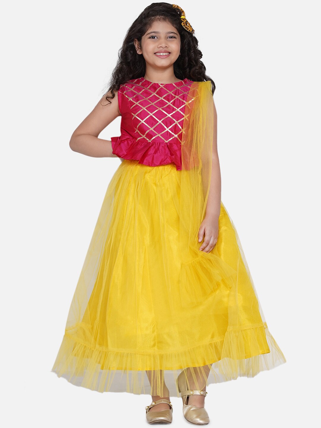 

Bitiya by Bhama Girls Yellow & Pink Embellished Ready to Wear Lehenga & Blouse With Dupatta