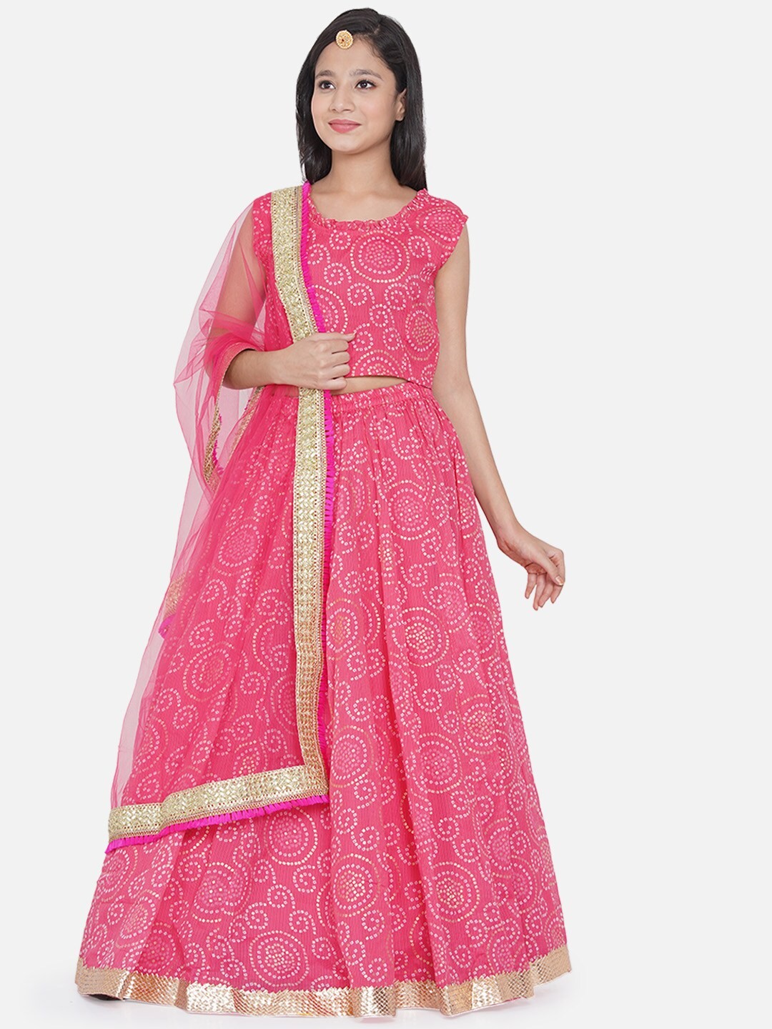 

Bitiya by Bhama Girls Pink & Off White Printed Ready to Wear Lehenga & Blouse With Dupatta