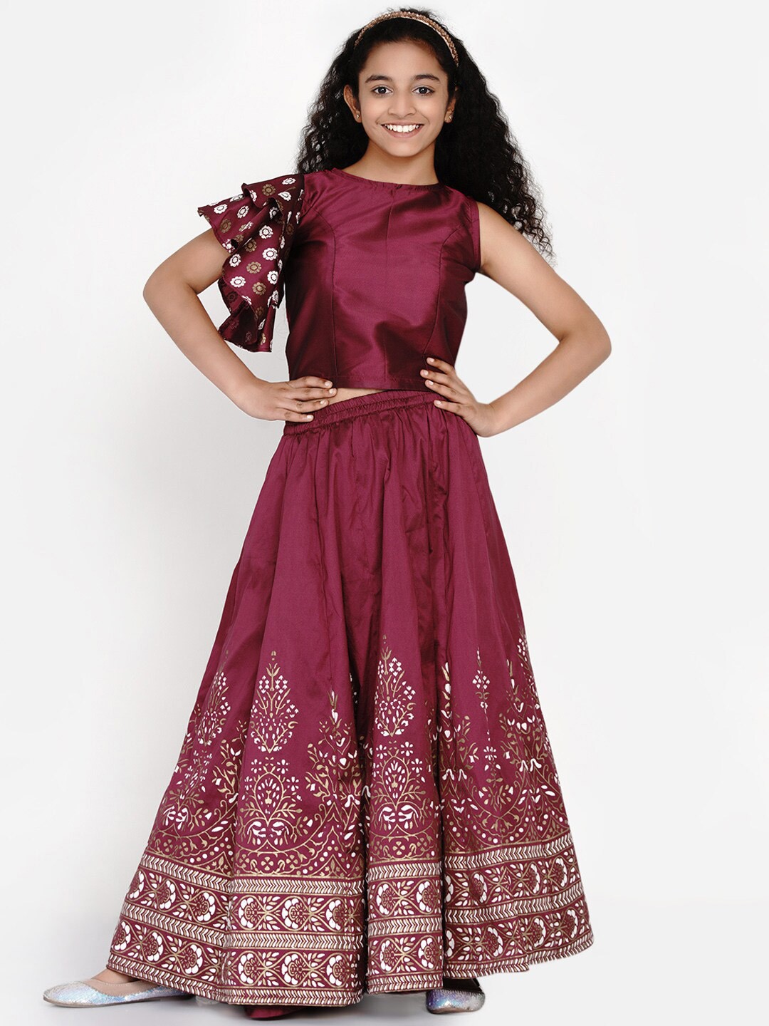 

Bitiya by Bhama Girls Burgundy & White Ready to Wear Lehenga &