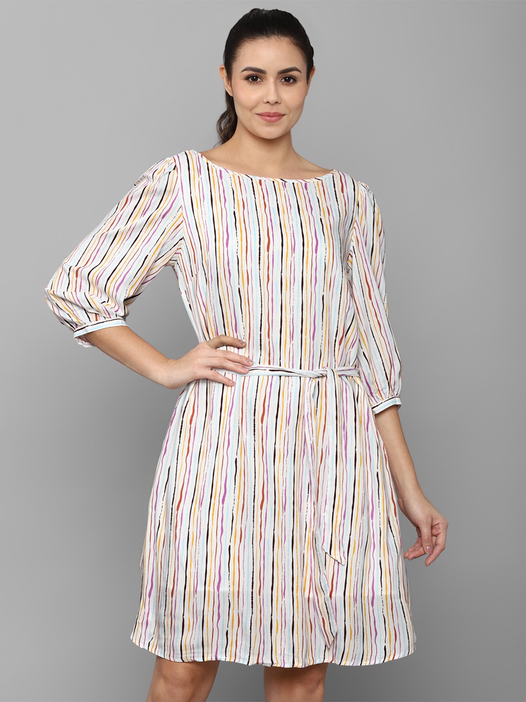 Allen Solly Woman Multicolor Striped A-Line Dress, White