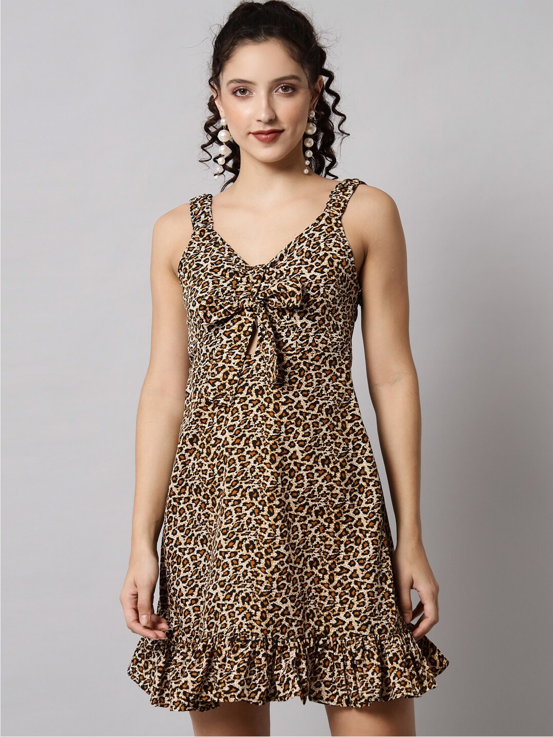 

emeros Women Bronze-Toned & Black Animal Print Crepe A-Line Dress