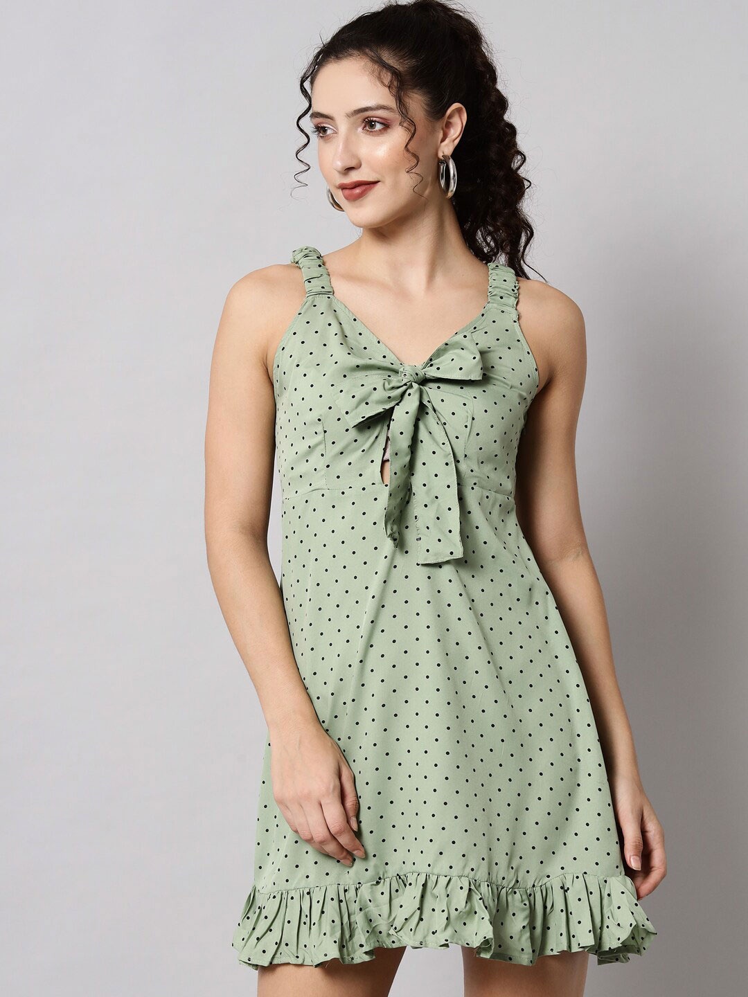 

emeros Women Green Crepe A-Line Polka Dot Front-Knot Flounce Hems Dress