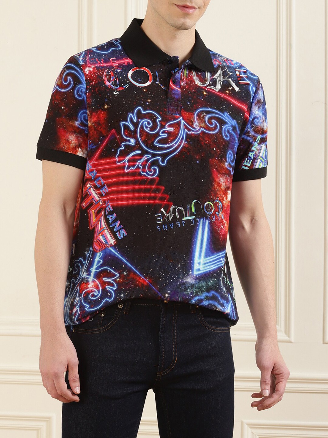 

Versace Jeans Couture Men Multicolor Printed Polo Collar T-shirt, Black