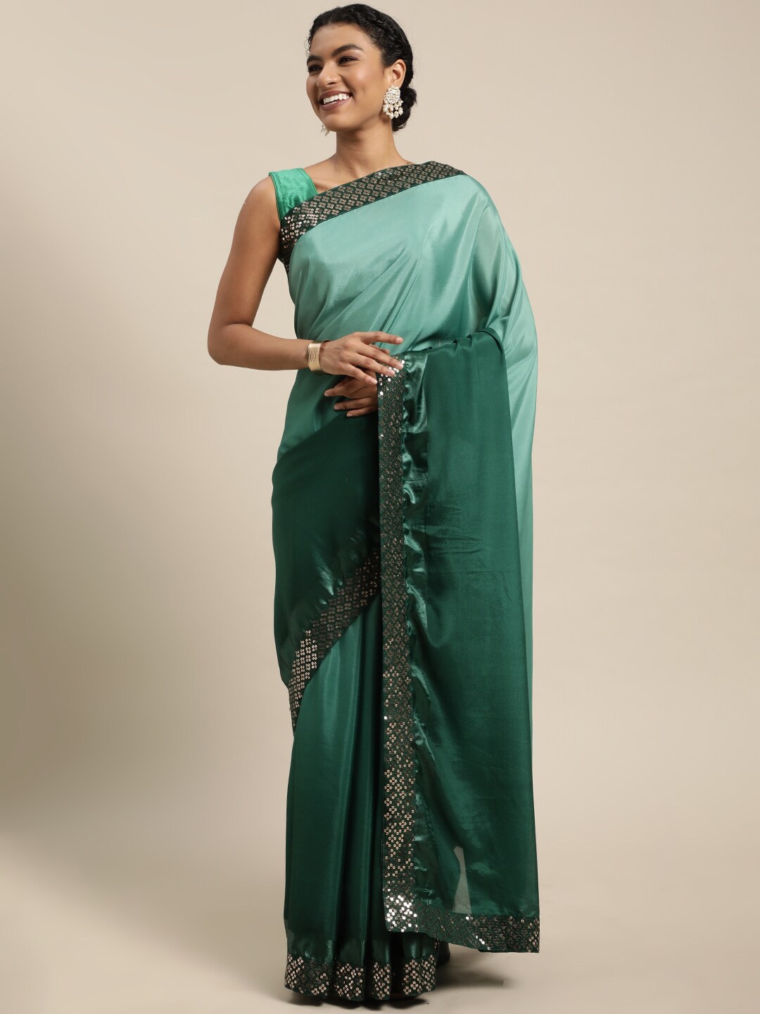 

Mitera Green Embellished Sequinned Silk Blend Ready to Wear Saree