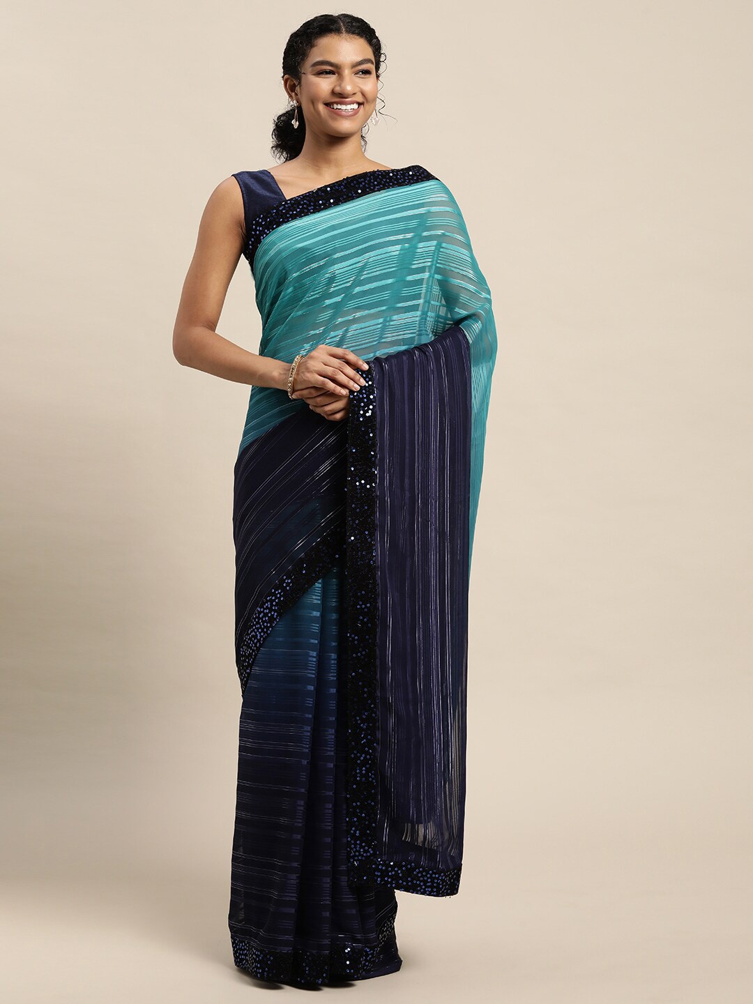 

Mitera Blue & Navy Blue Embellished Sequinned Ready to Wear Saree