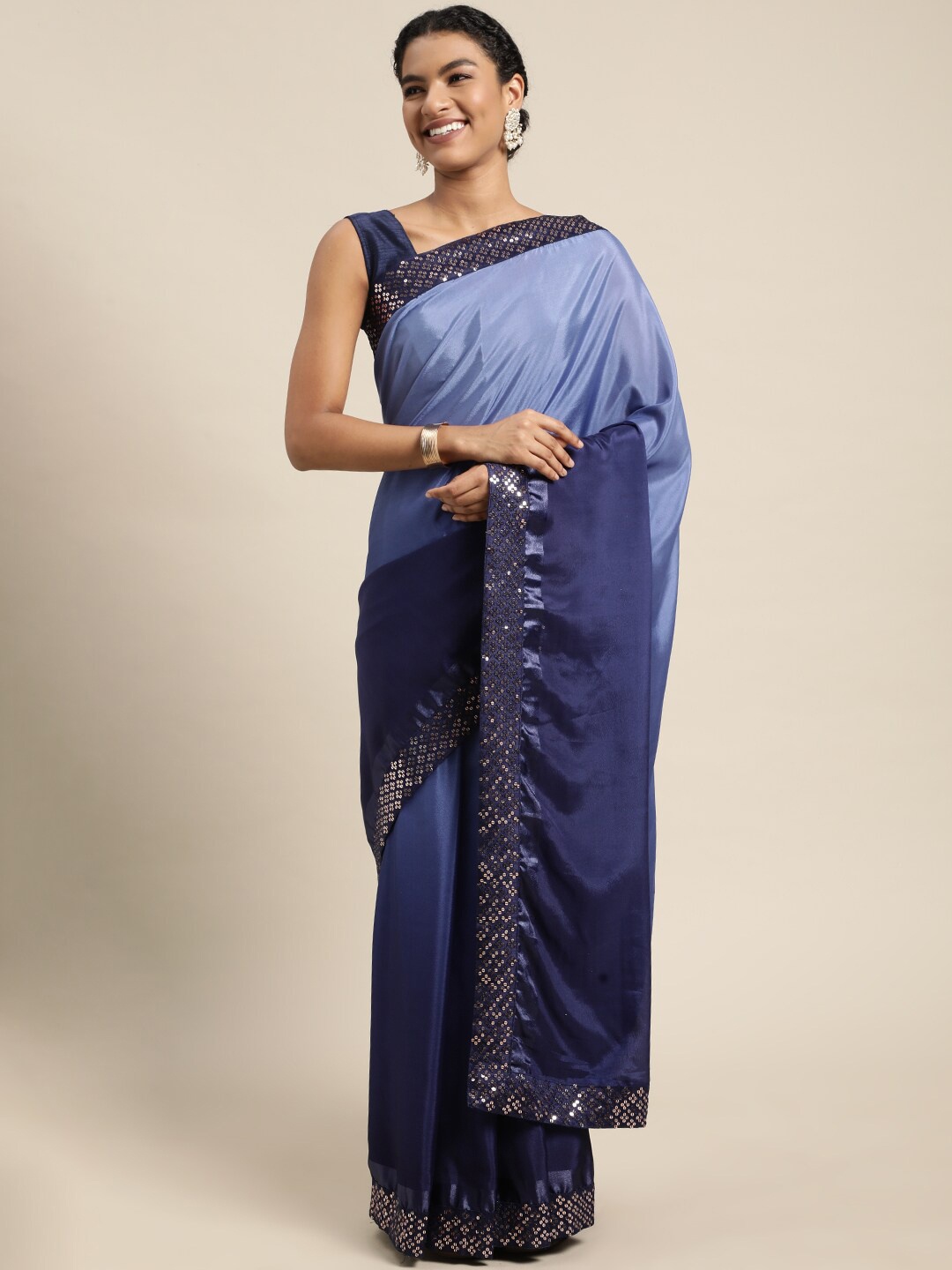 

Mitera Blue & Gold-Toned Embellished Sequinned Silk Blend Ready to Wear Saree