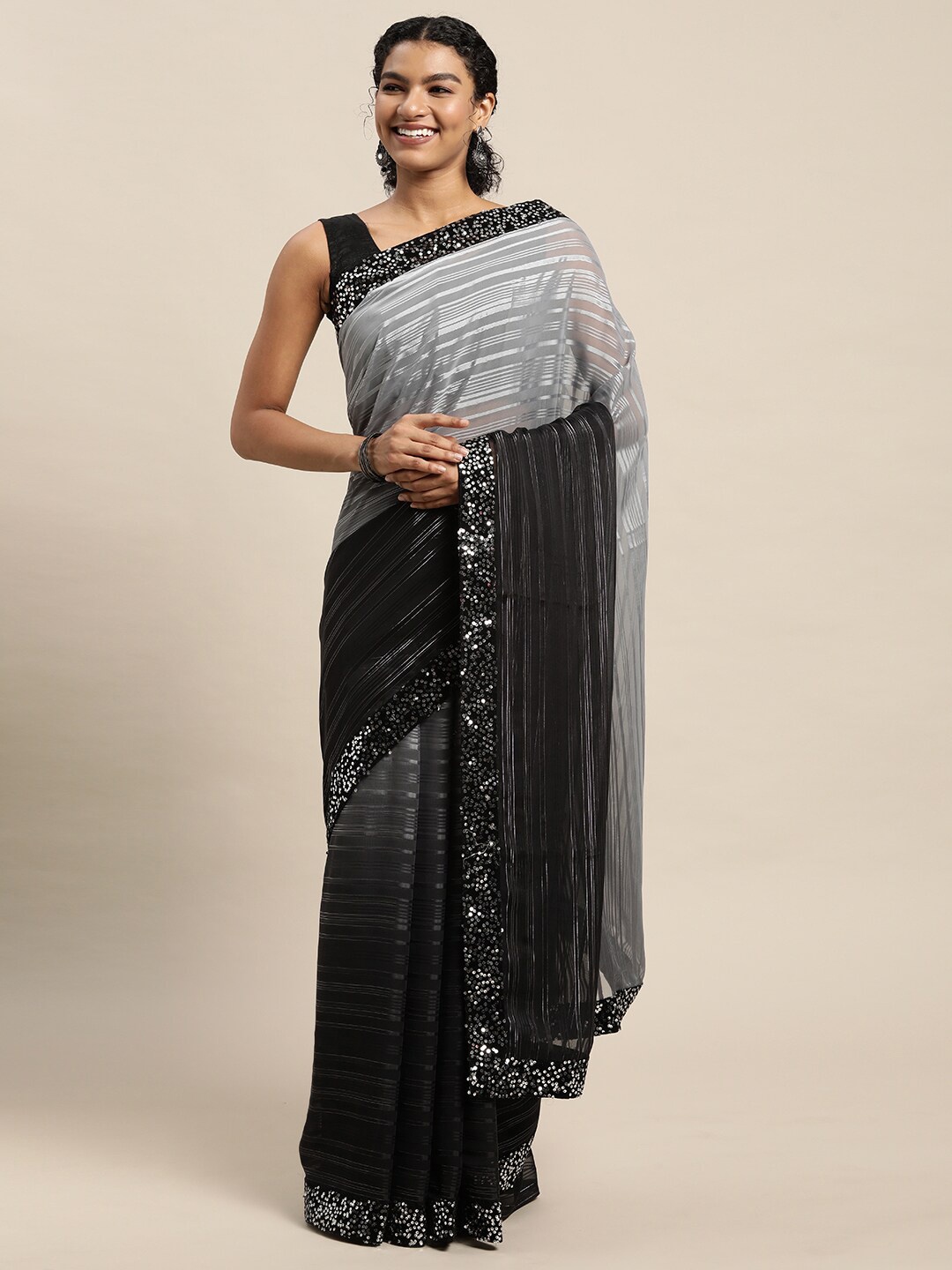 

Mitera Grey & Black Striped Sequinned Ready to Wear Saree