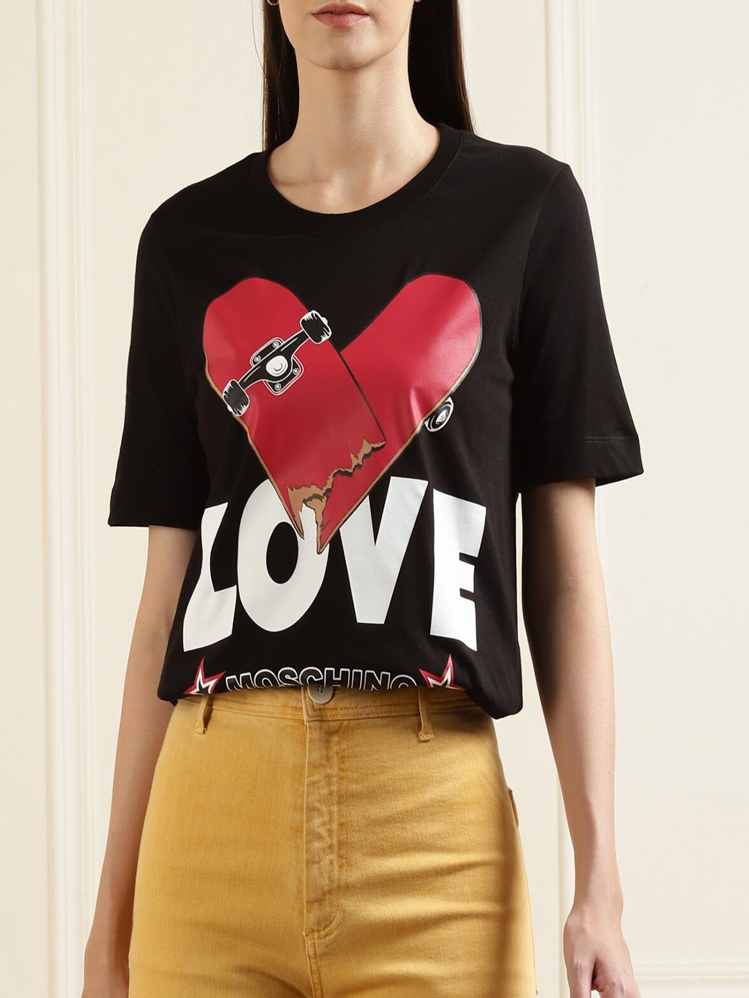 

LOVE MOSCHINO Women Black Printed V-Neck T-shirt