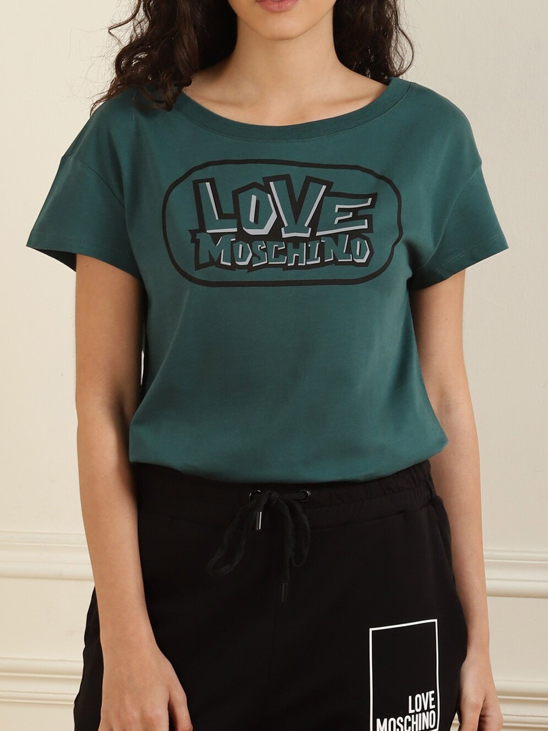 

LOVE MOSCHINO Women Green Typography Printed T-shirt