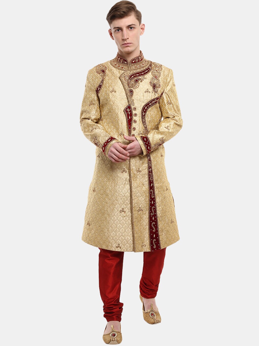 

V-Mart Men Gold-Coloured & Maroon Self-Design Jacquard Sherwani Set