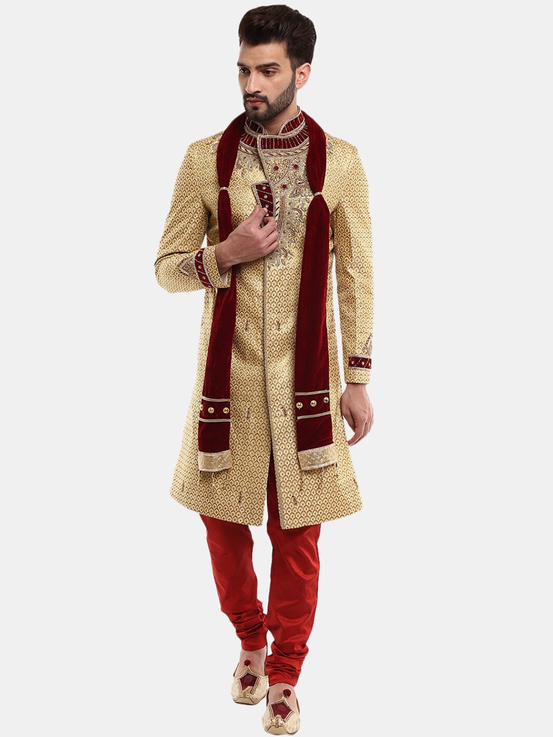 

V-Mart Men Gold Colored Self Design Jaquard Sherwani