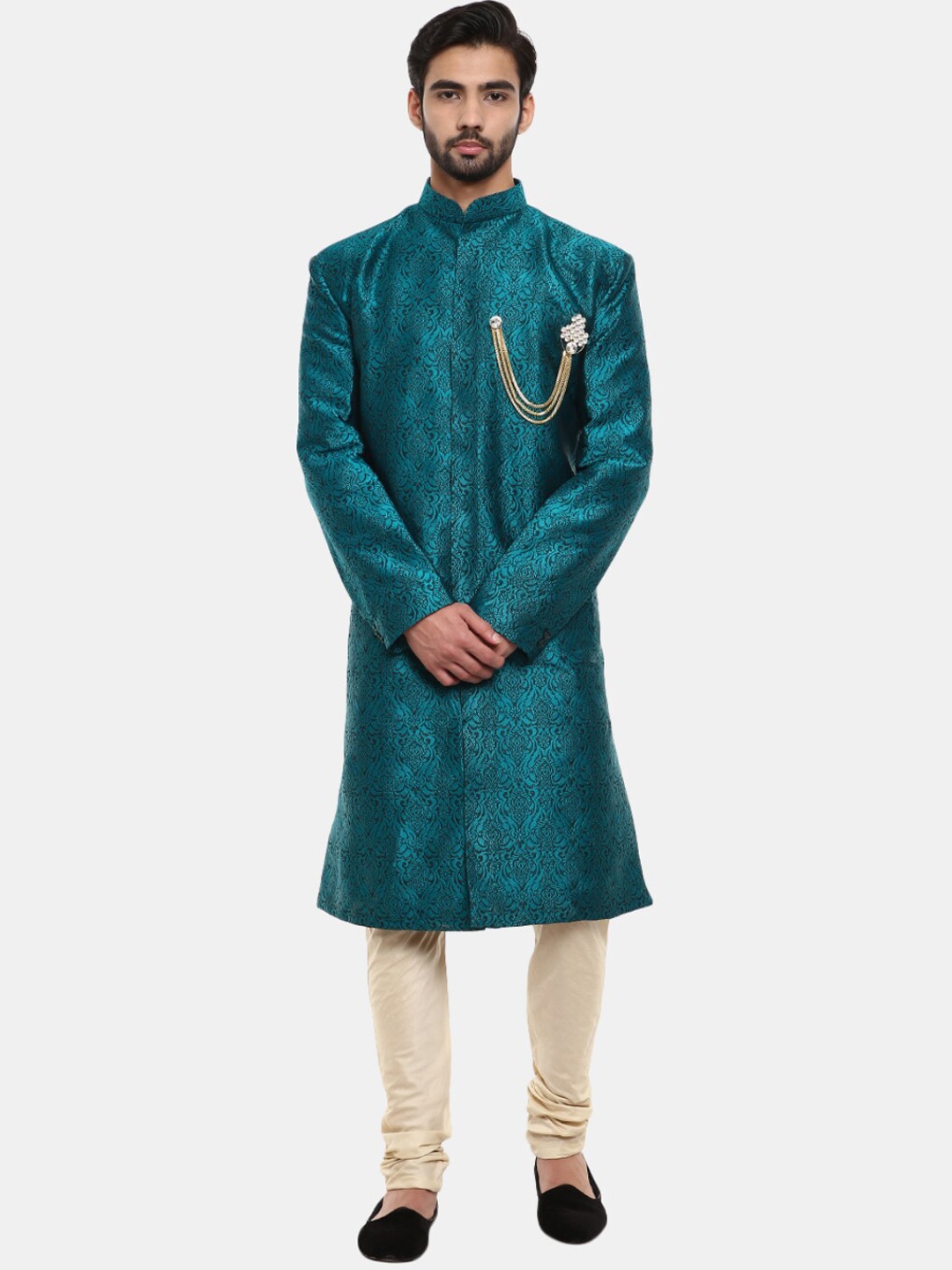 

V-Mart Men Teal Self Design Jacquard Sherwani Set