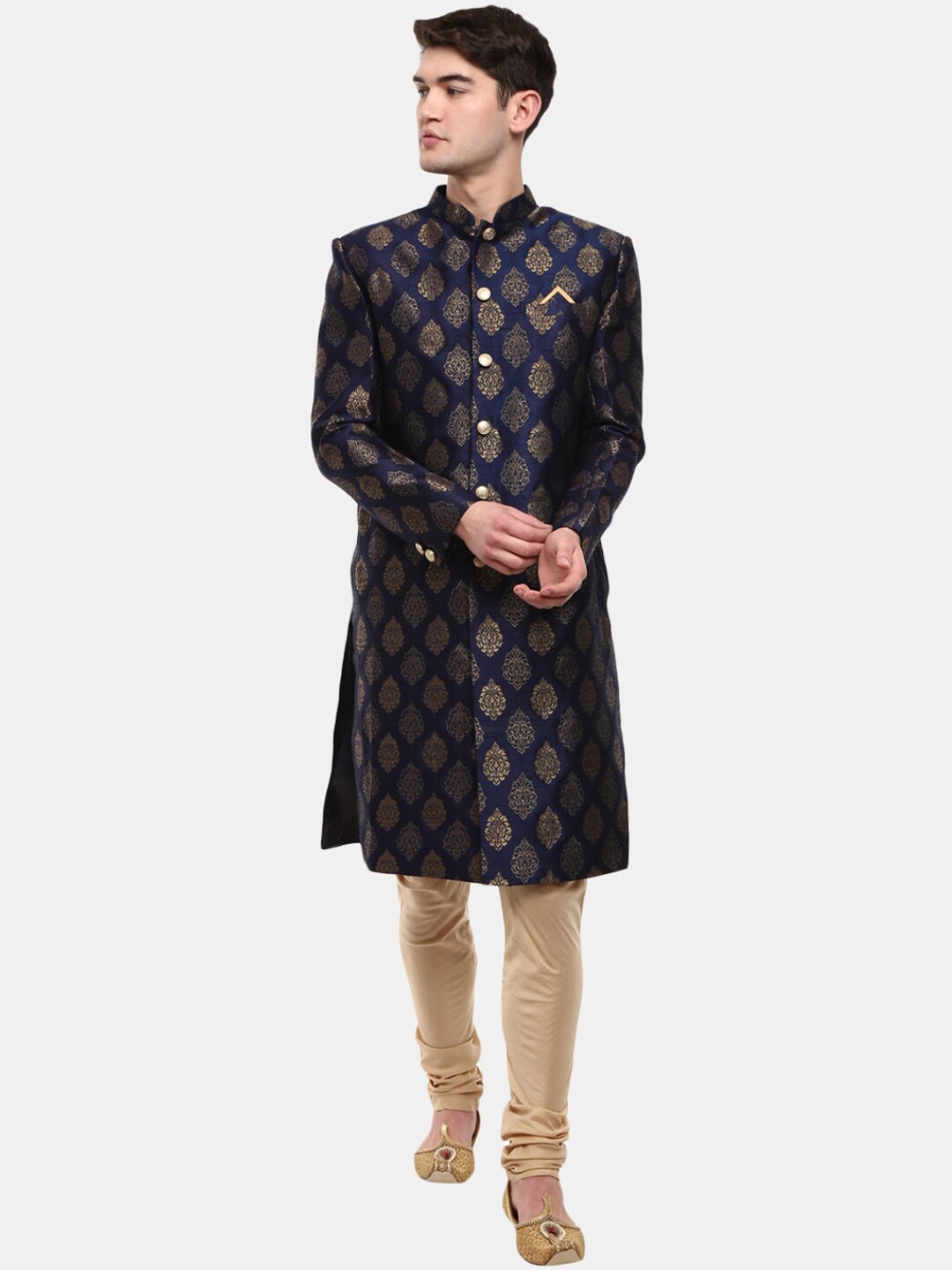 

V-Mart Men Navy Blue Woven Design Jacquard Sherwani Set