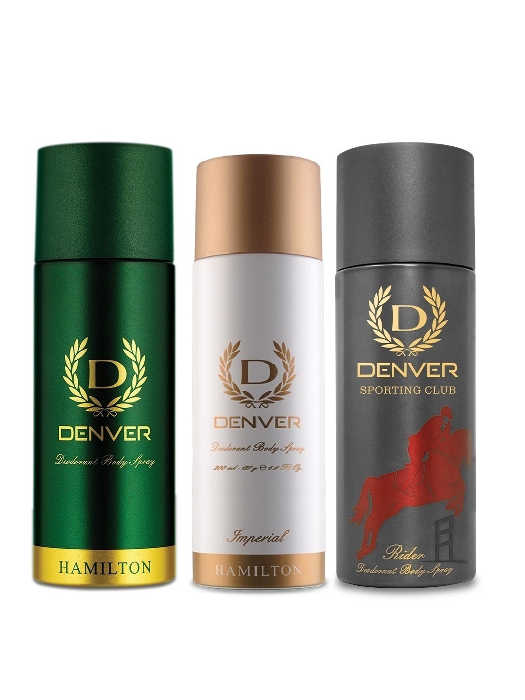 

Denver Men Hamilton 200ml + Imperial 200ml + Rider 200ml Deodorants Spray, Green