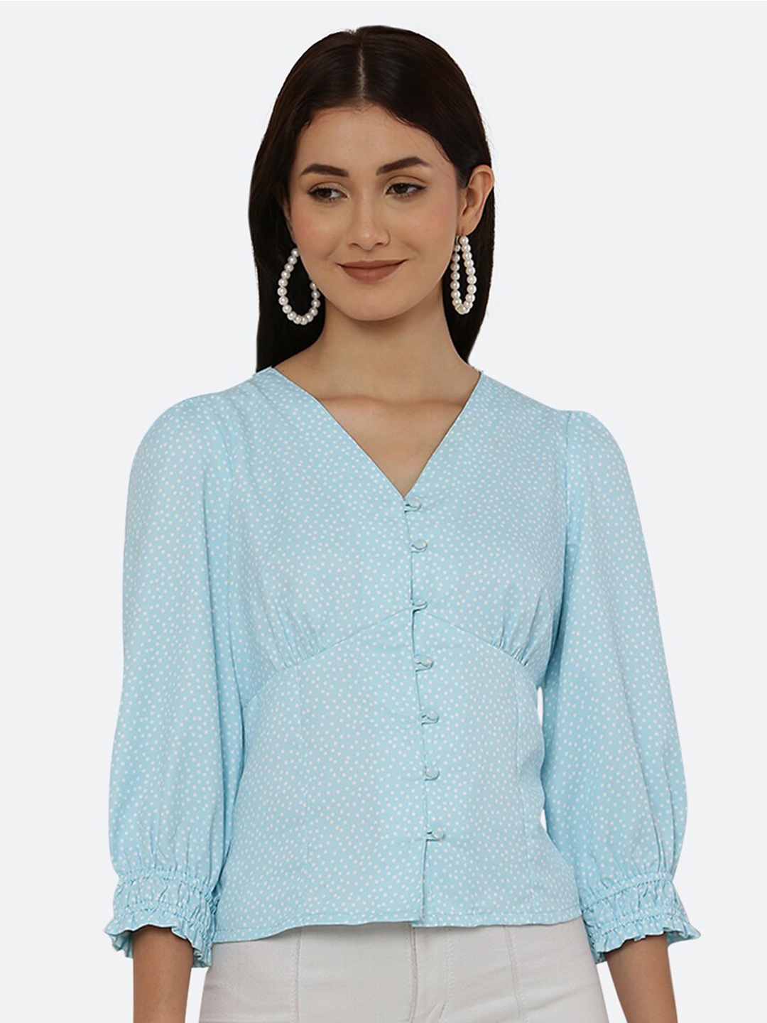 

RAASSIO Blue Solid Puff Sleeve Top