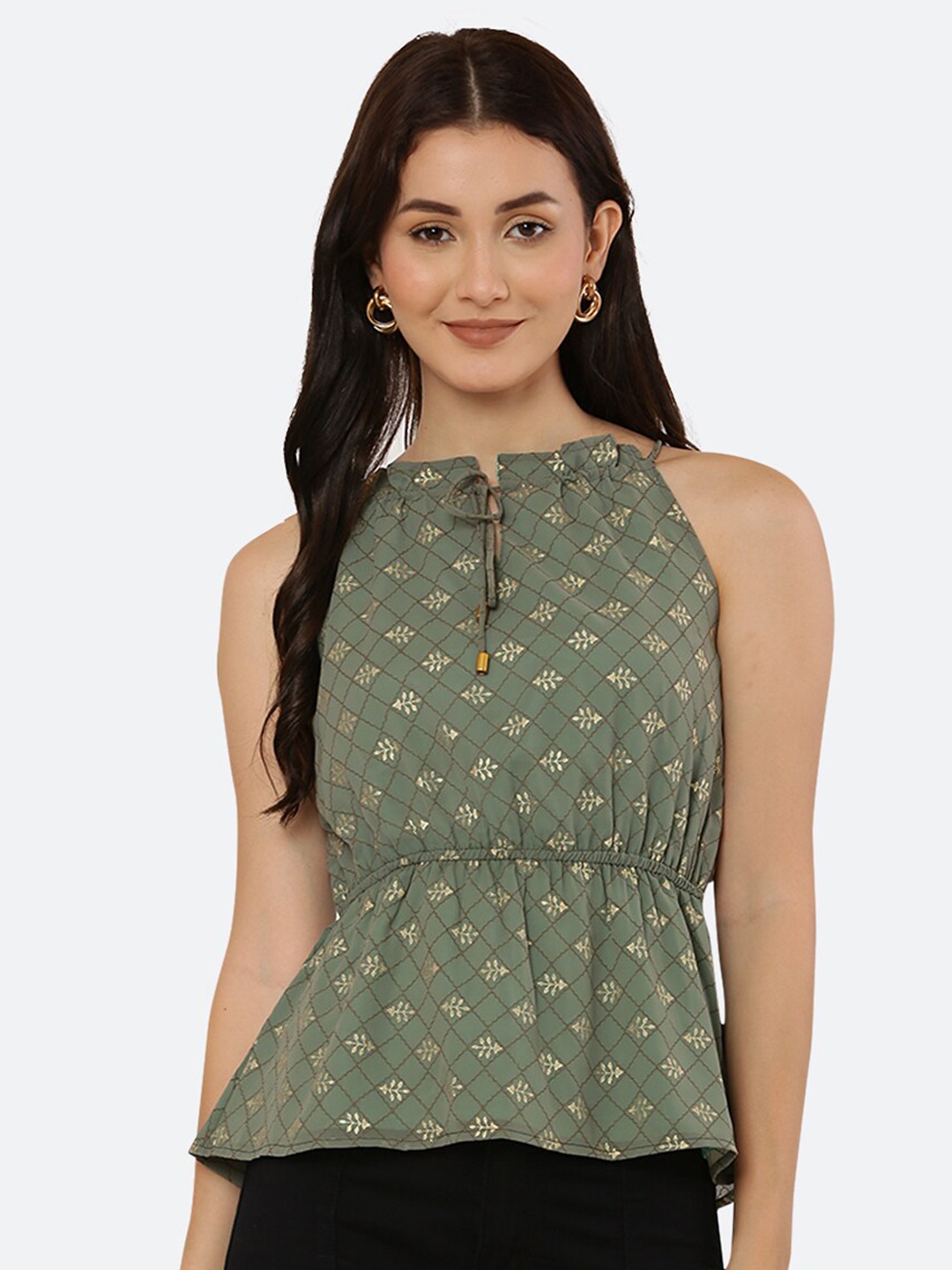 

RAASSIO women Green Print Styled Back Top