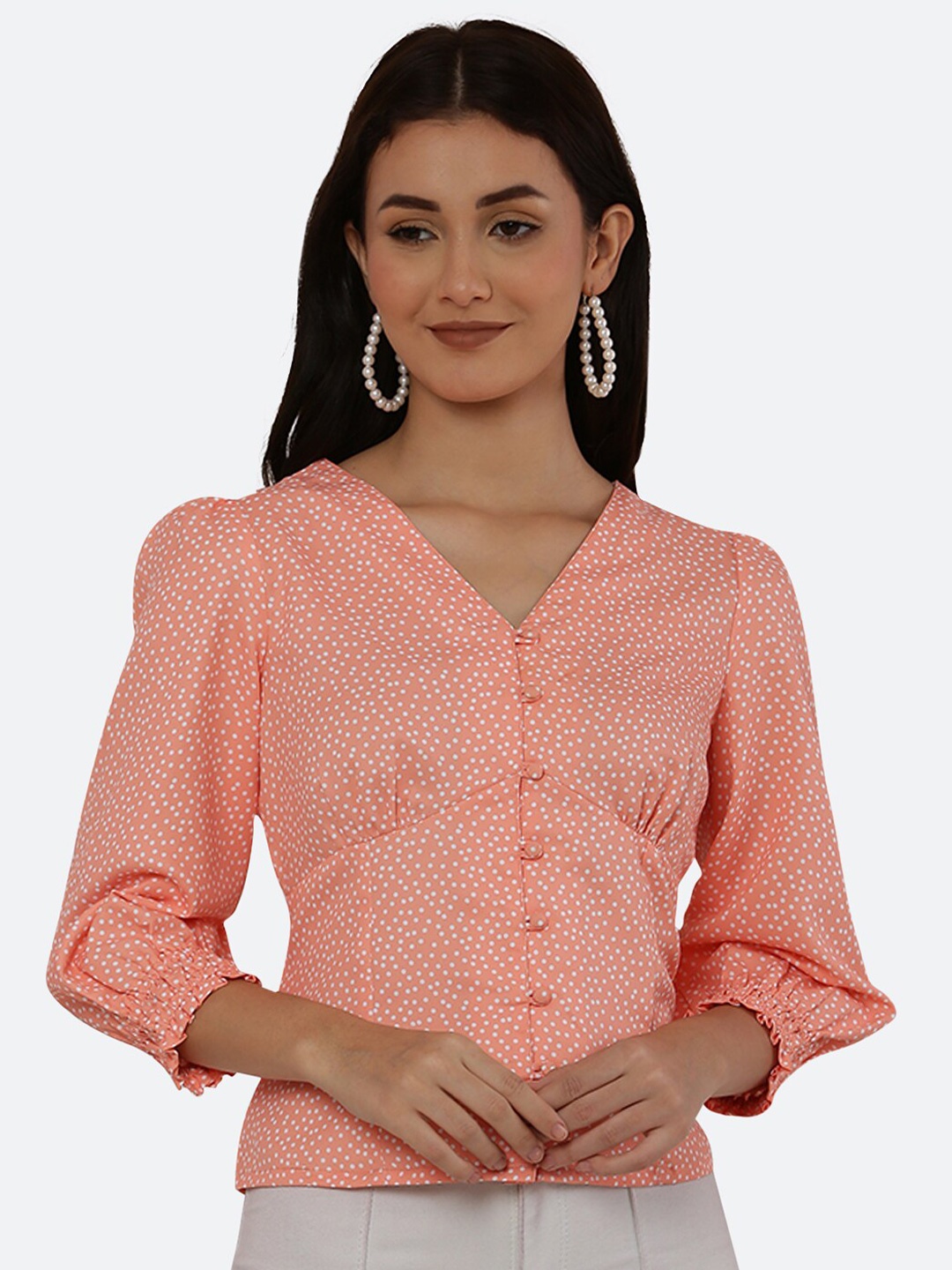 

RAASSIO Women Orange Polka Dots Print Top