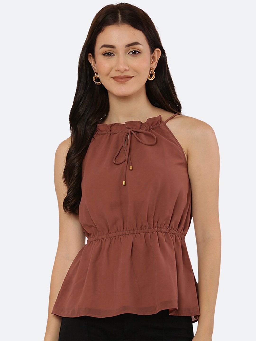 

RAASSIO Brown Halter Neck Georgette Cinched Waist Top