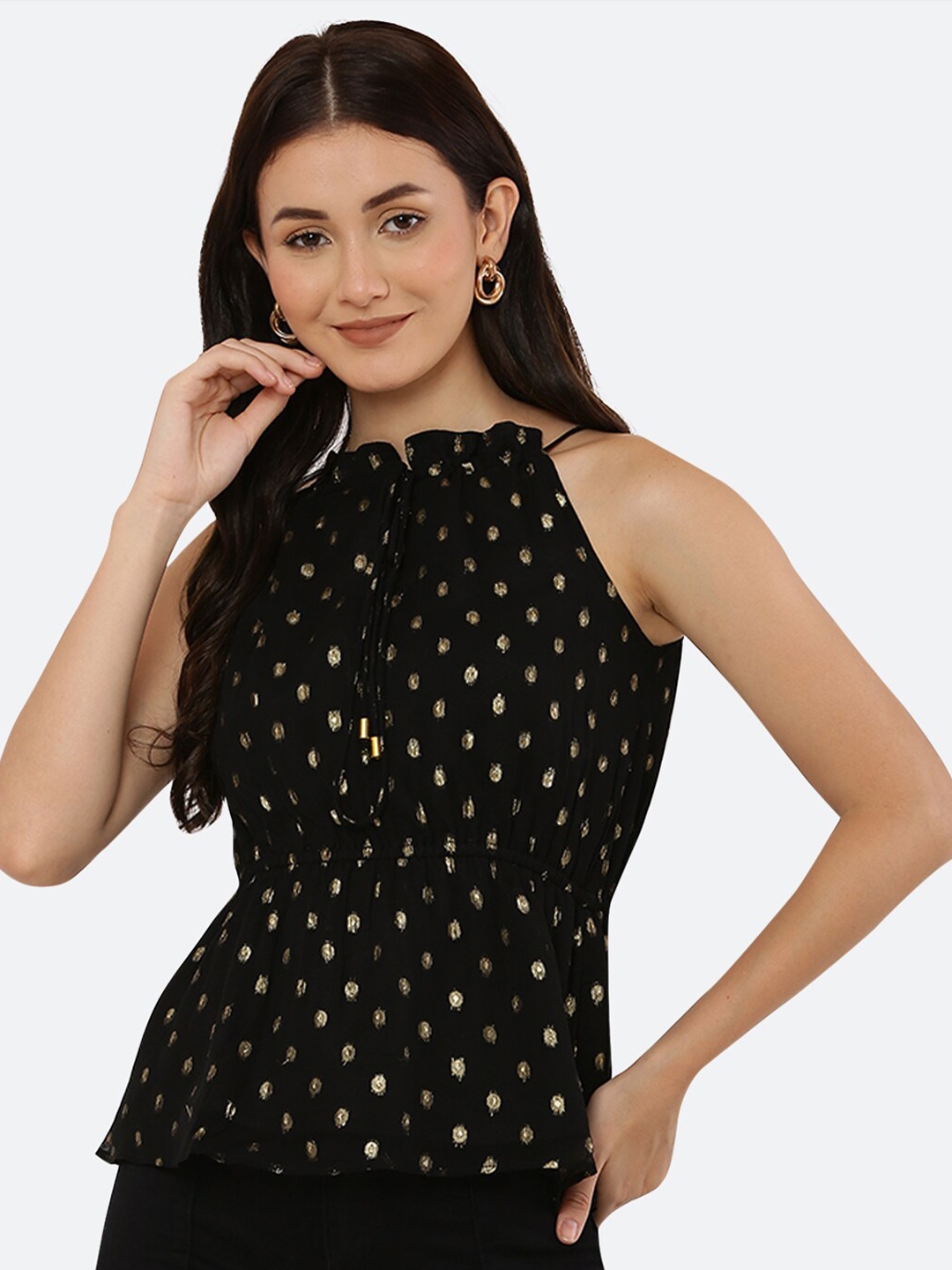 

RAASSIO Black & Gold-Toned Printed Halter Neck Georgette Cinched Waist Top