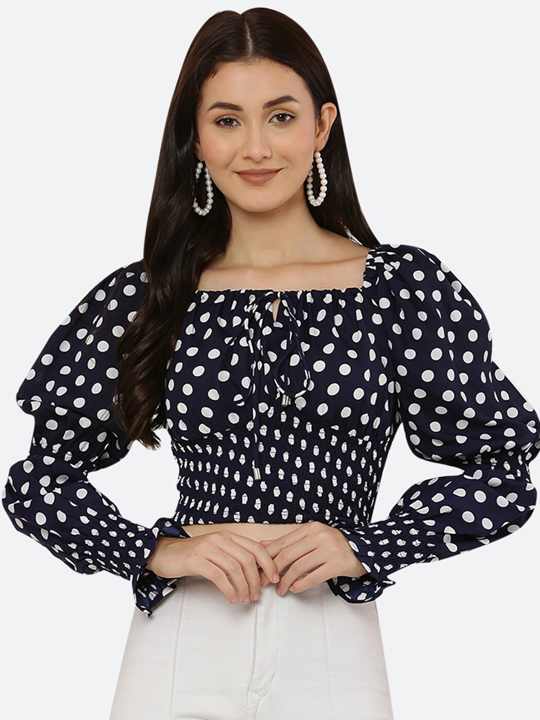 

RAASSIO Blue Polka Dots Printed Square Neck Fitted Top