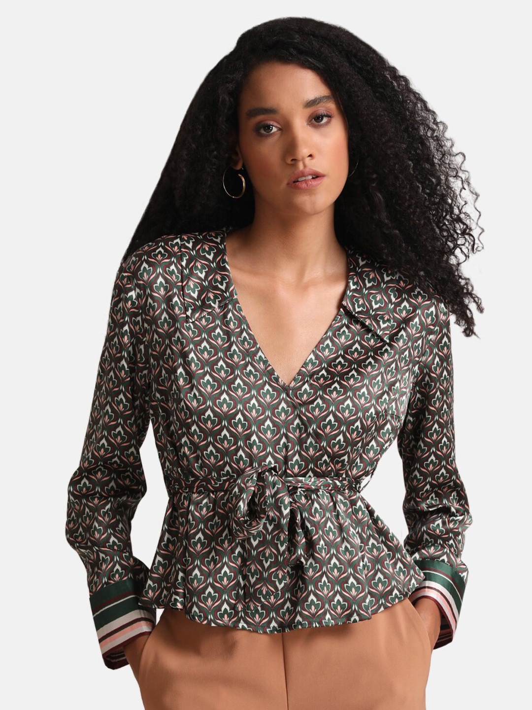 

Kazo Women Green Floral Print Satin Cinched Waist Top