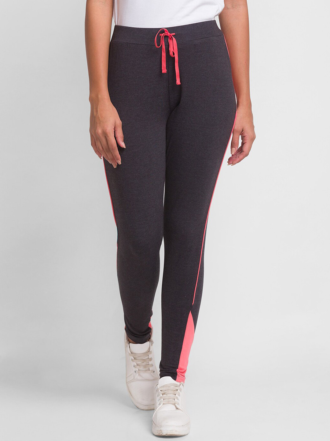 

XIN Women Charcoal Grey & Pink Colourblocked Ankle Length Leggings