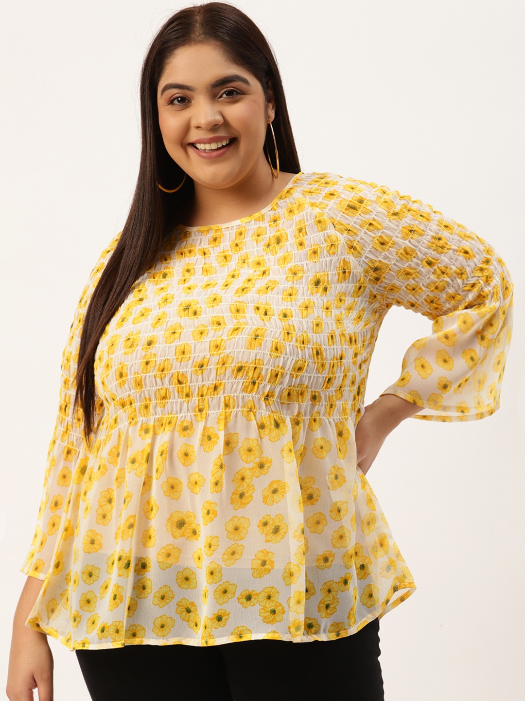 

theRebelinme Plus Size Off White & Yellow Floral Print Smoked Georgette A-Line Top