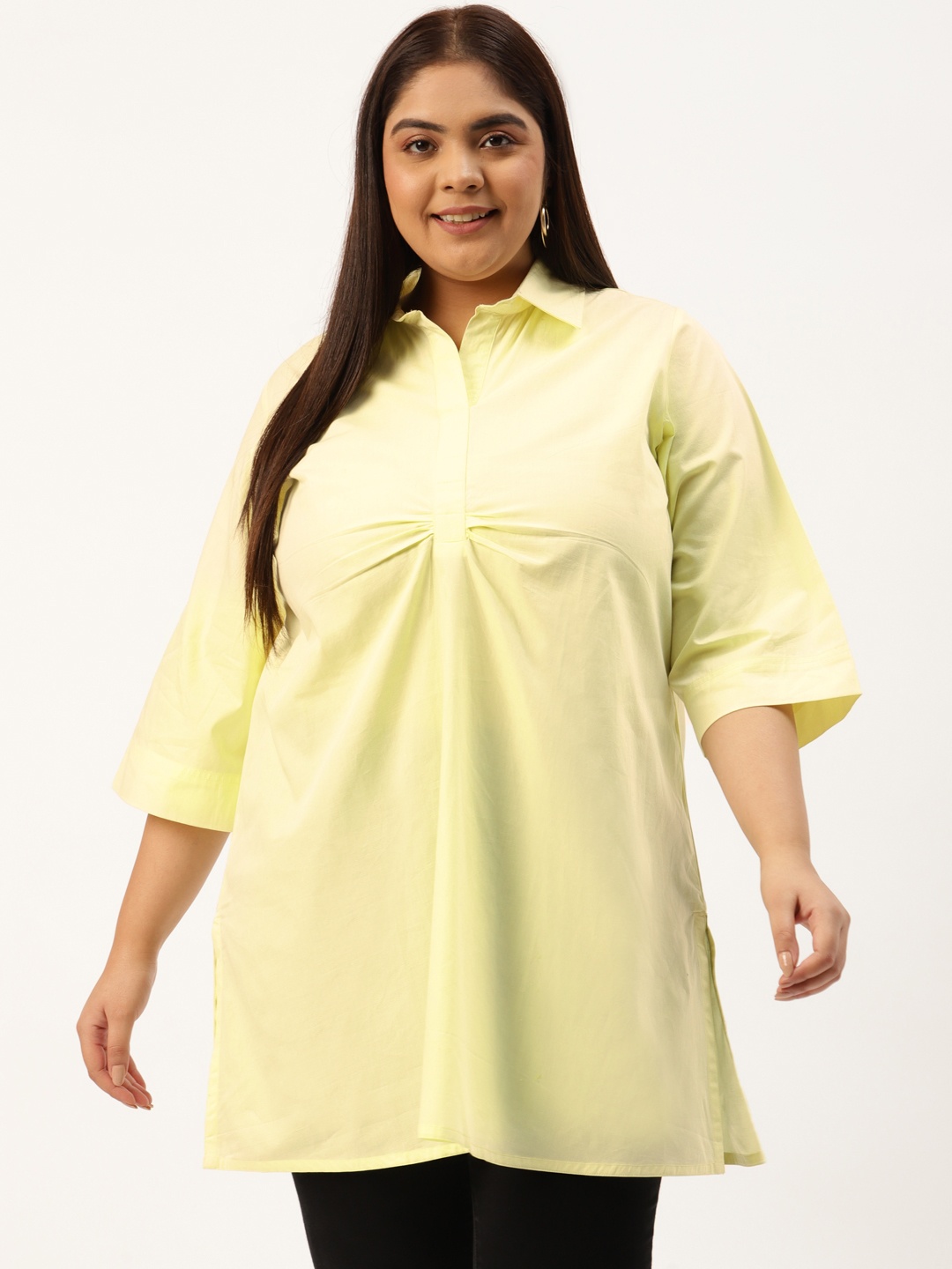 

theRebelinme Plus Size Lime Green Solid Shirt Collar Cotton Tunic with Ruched Detail