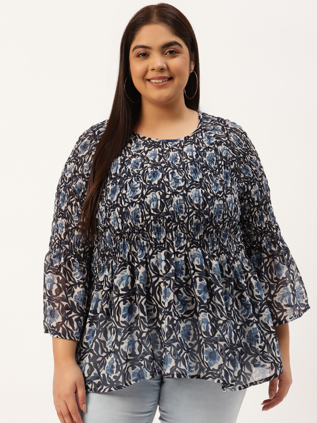 

theRebelinme Plus Size Off White & Blue Floral Print Smocked Georgette Longline A-Line Top