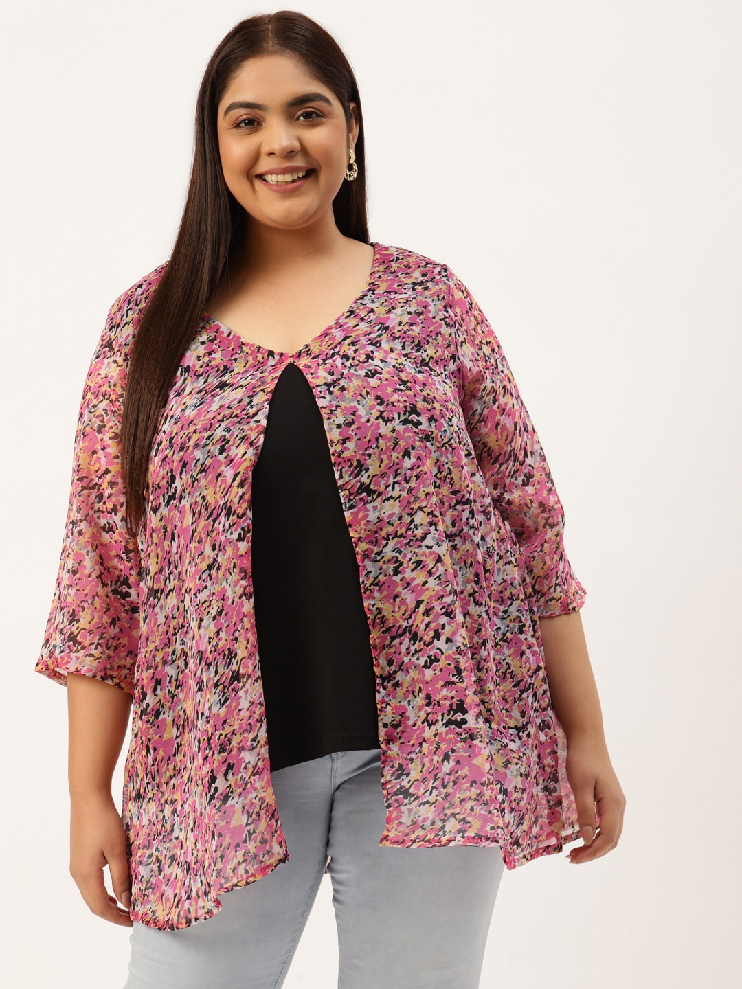 

theRebelinme Plus Size Black & Pink Floral Print Layered Longline A-Line Top