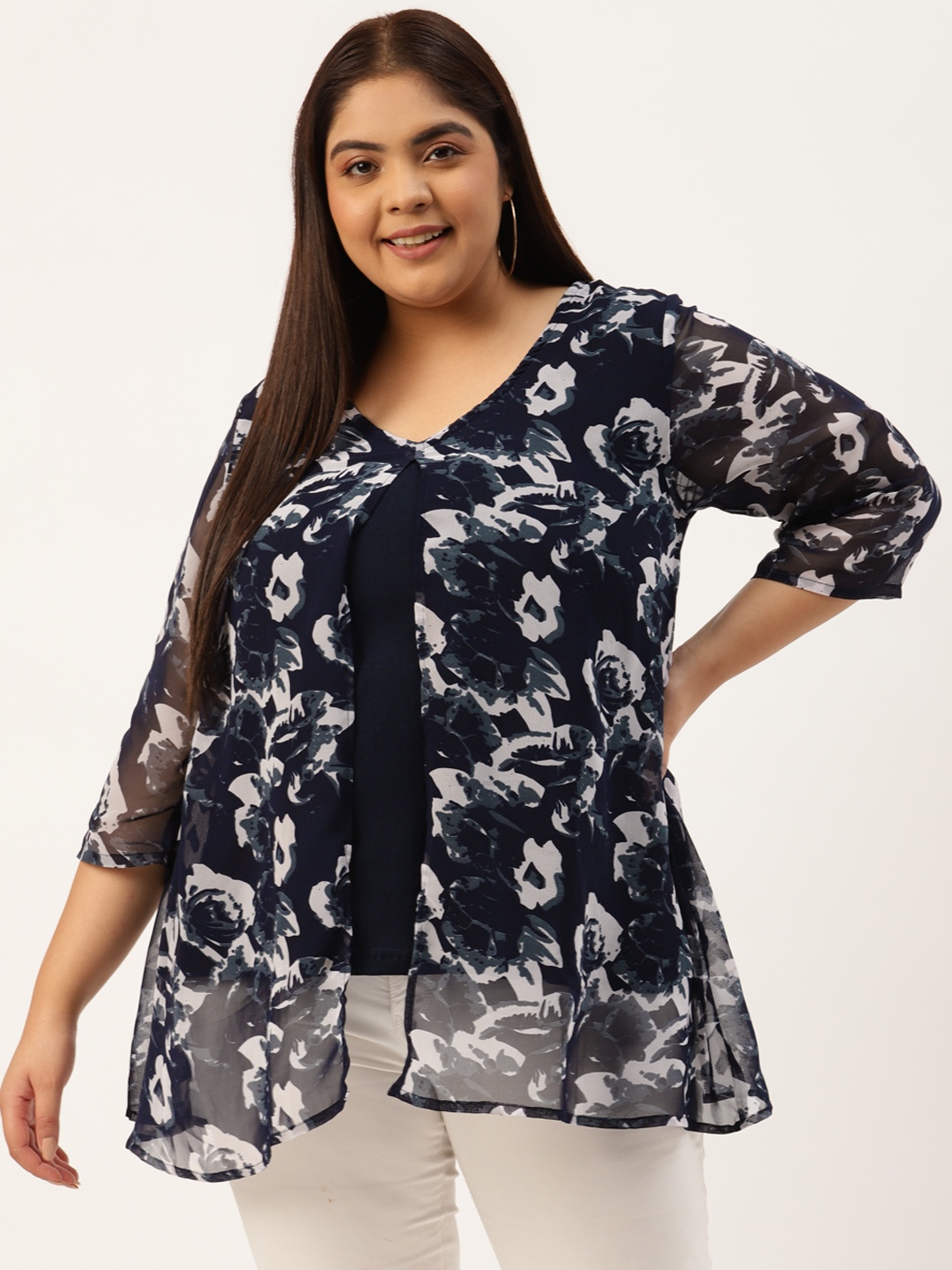 

theRebelinme Plus Size Navy Blue & Grey Floral Print Layered Georgette Longline A-Line Top