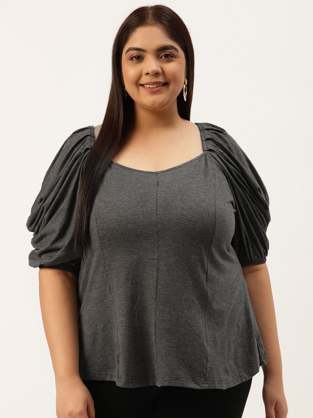 

theRebelinme Plus Size Charcoal Grey Solid Panelled Top