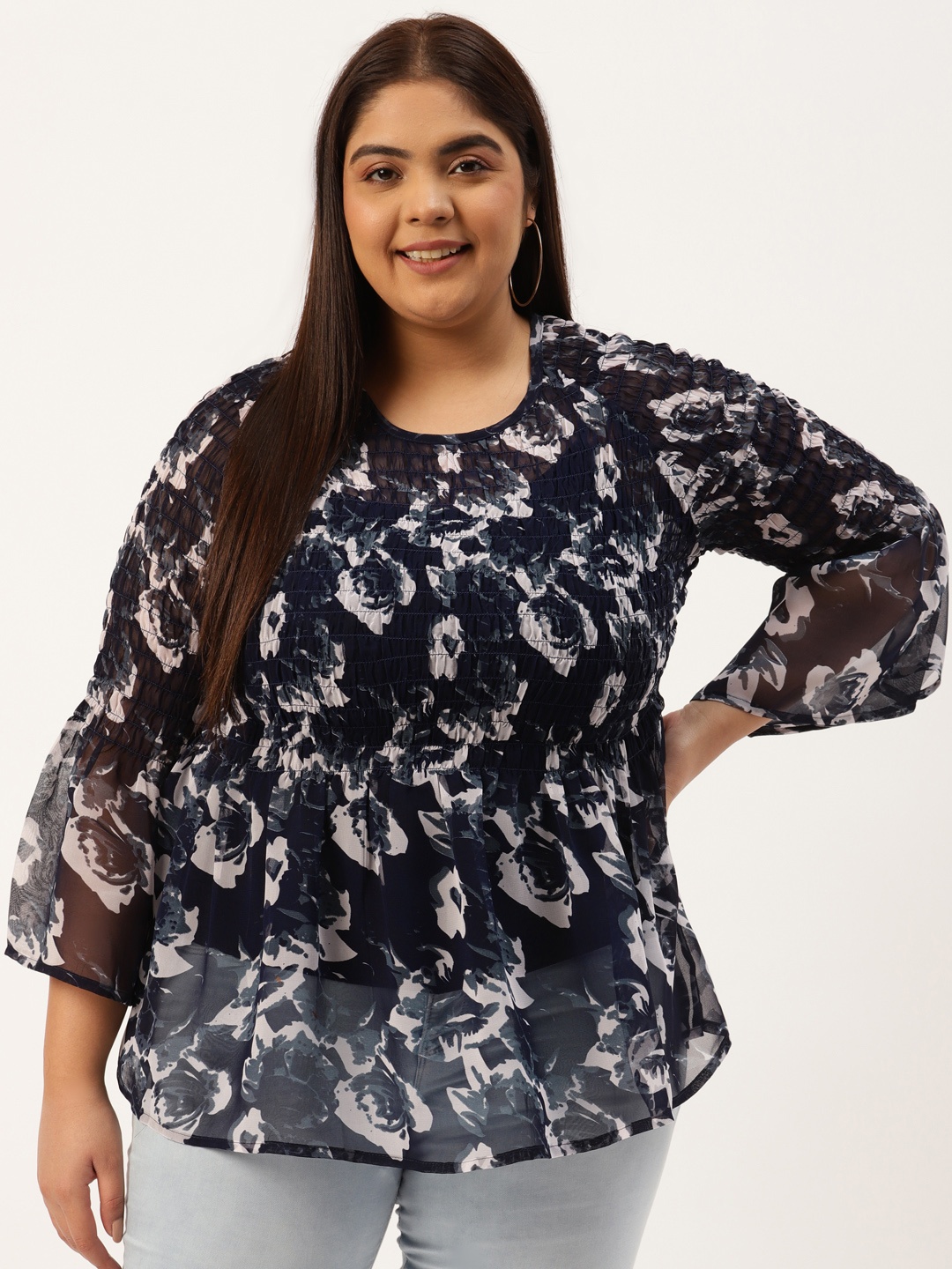 

theRebelinme Plus Size Navy Blue & Grey Floral Print Smocked Georgette A-Line Top