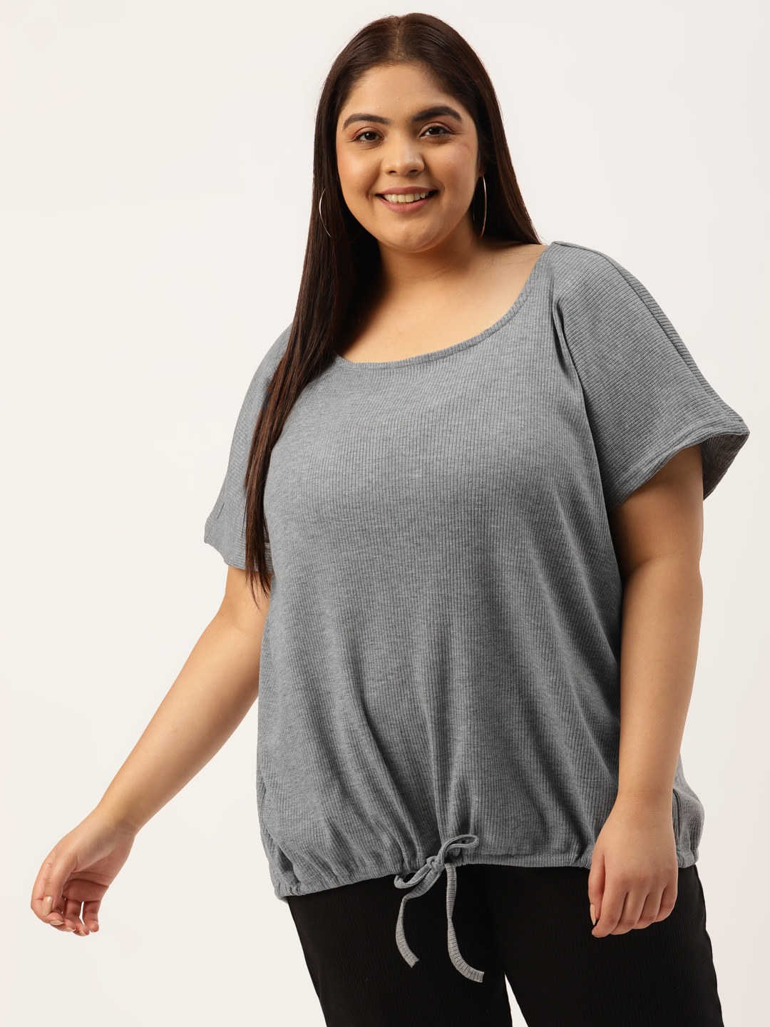 

theRebelinme Plus Size Charcoal Grey Self Striped Blouson Top with Waist Tie-Ups