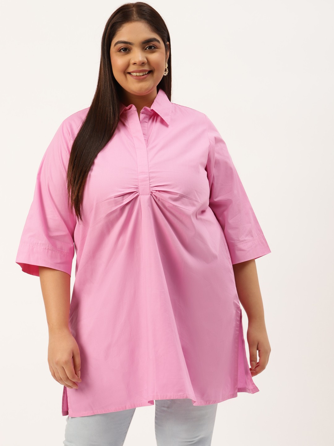 

theRebelinme Plus Size Pink Solid Shirt Collar Cotton Tunic with Ruched Detail