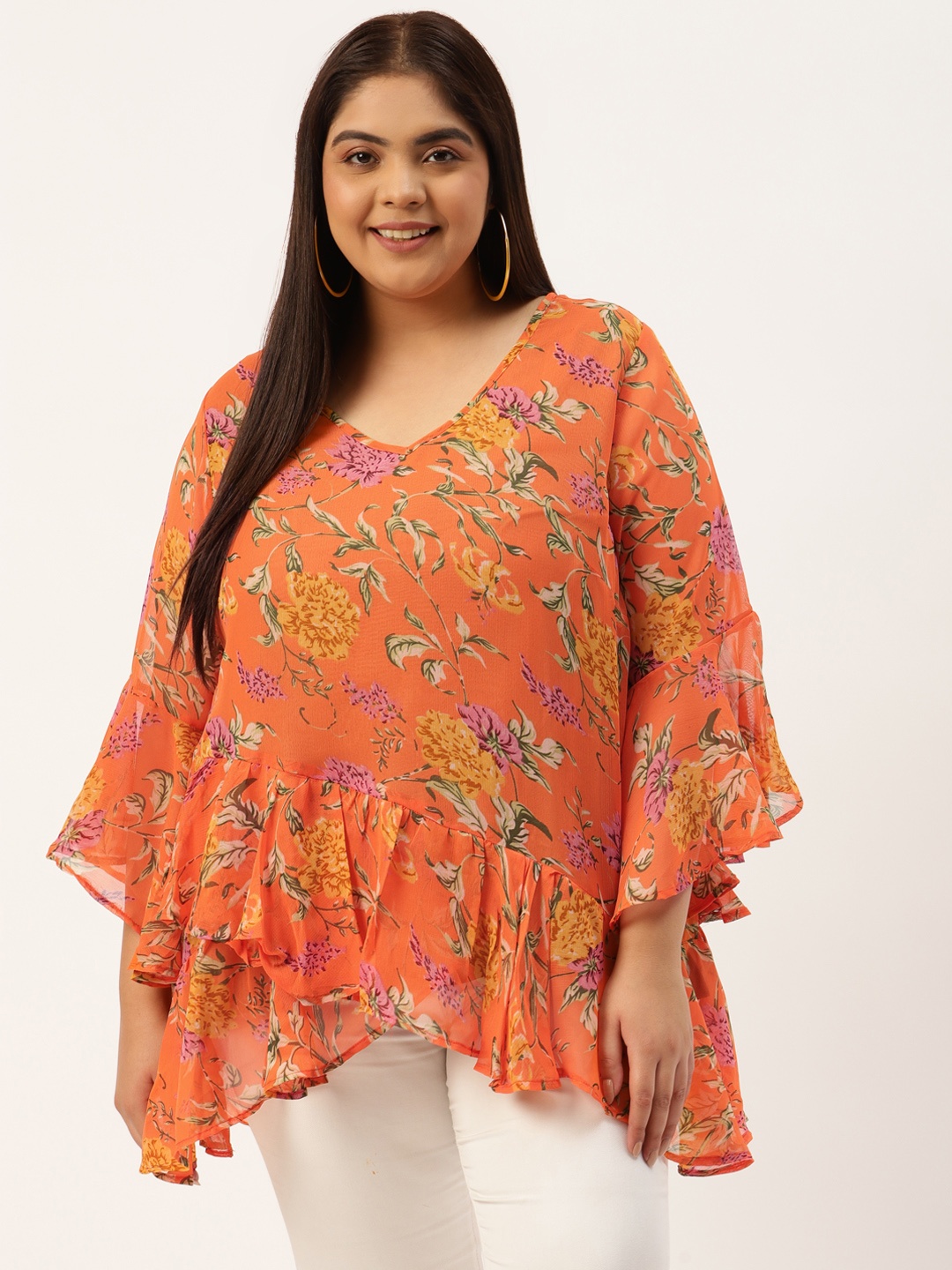 

theRebelinme Plus Size Orange & Green Floral Print Layered Georgette Wrap Longline Top