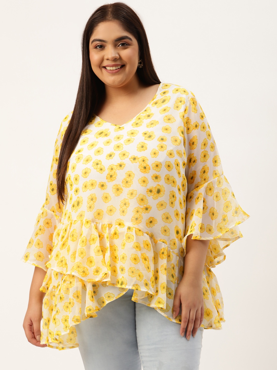 

theRebelinme Plus Size Off White & Yellow Floral Print Layered Georgette Longline Wrap Top