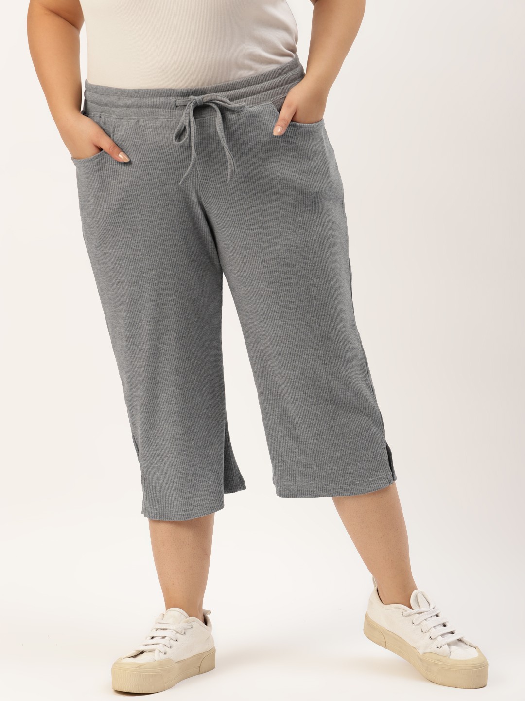 

theRebelinme Women Plus Size Grey Melange Solid Capris