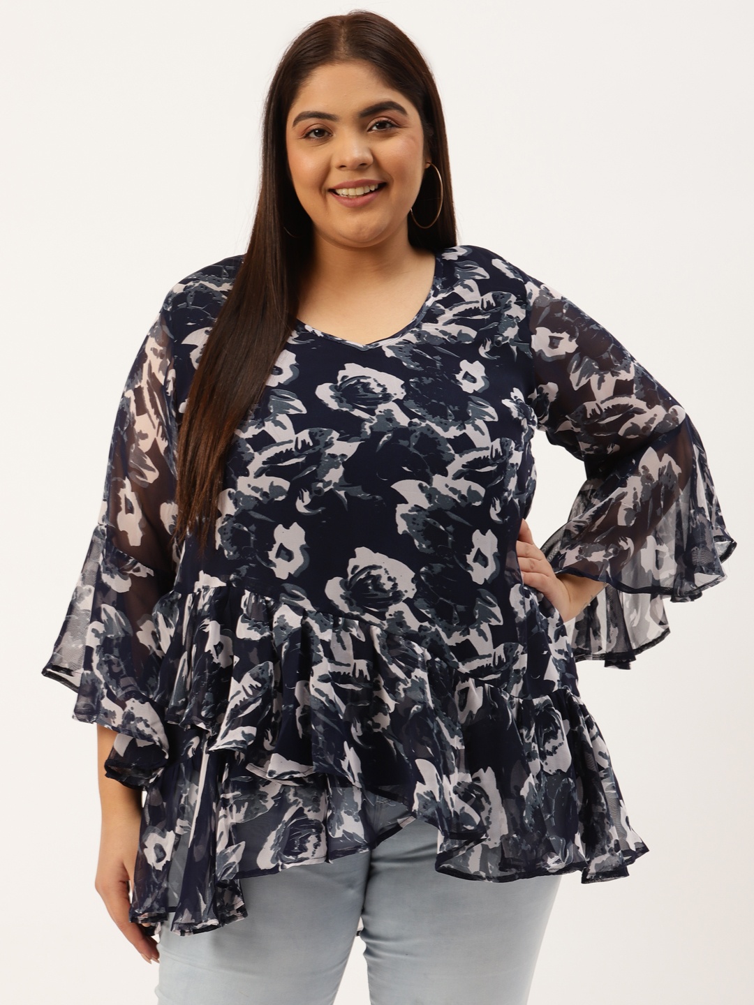 

theRebelinme Plus Size Navy Blue & Grey Floral Print Layered Georgette Longline Wrap Top