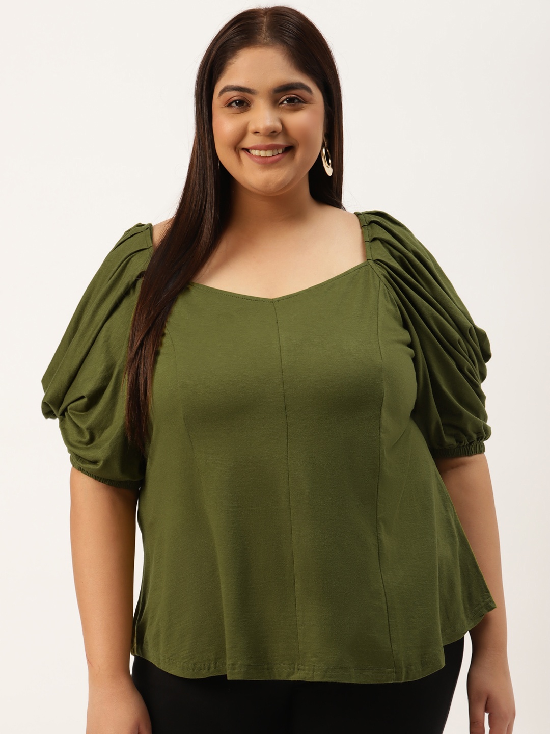 

theRebelinme Plus Size Olive Green Solid Panelled Sweetheart Neck Top