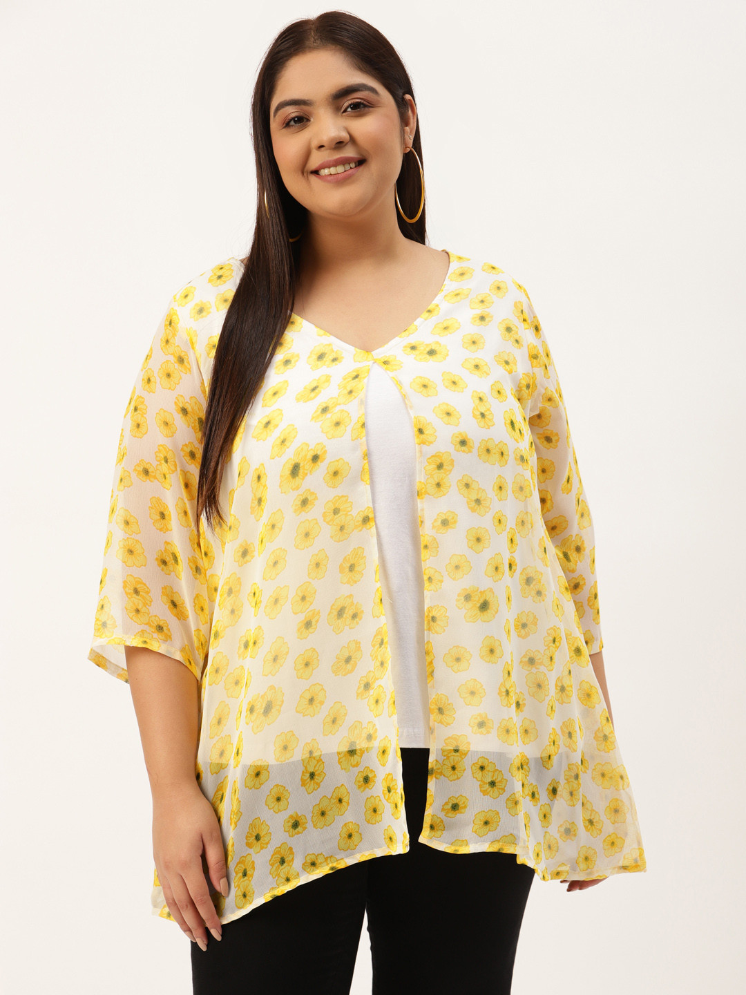 

theRebelinme Plus Size White & Yellow Floral Print Georgette Layered Longline Top