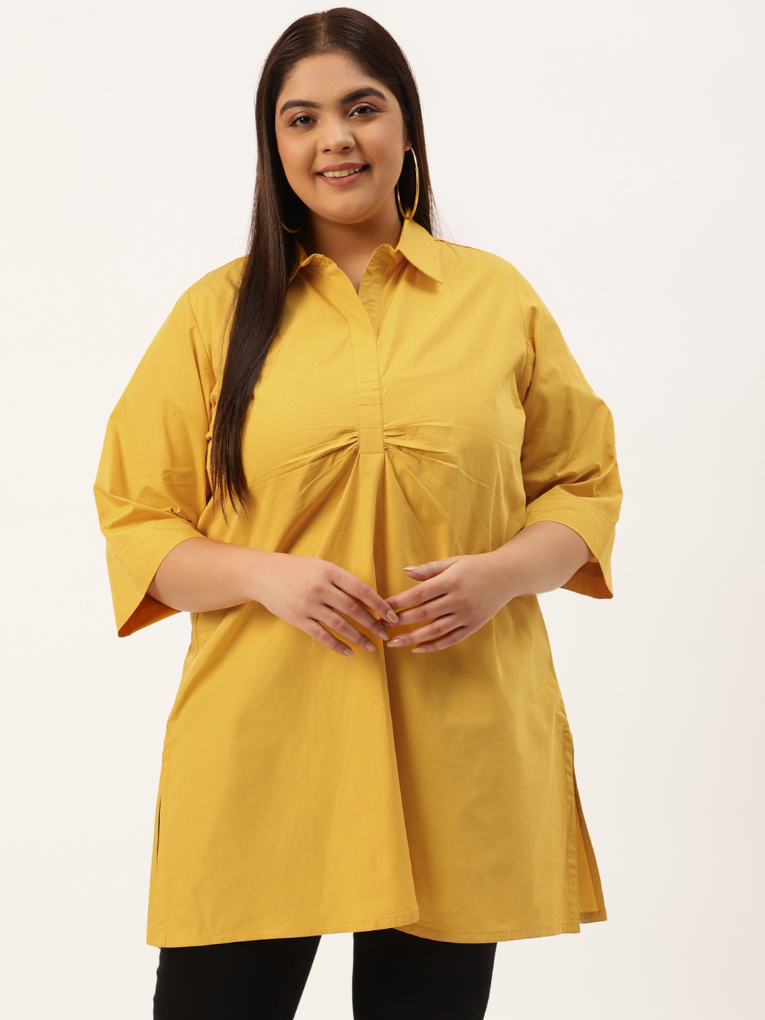 

theRebelinme Plus Size Mustard Yellow Solid Cotton Tunic with Ruched Detail