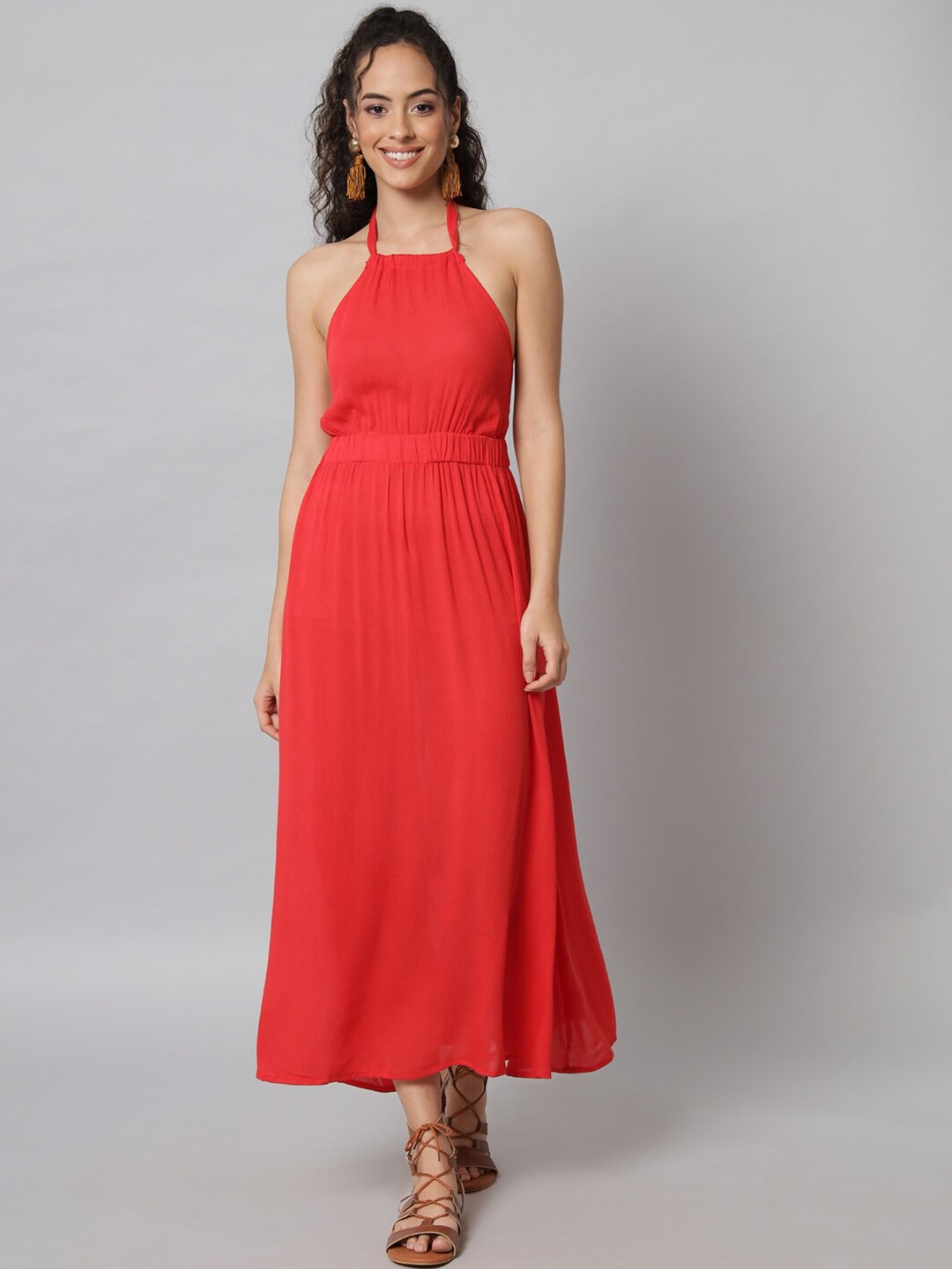 

emeros Women Red Halter Neck Crepe Tie-back Maxi Dress