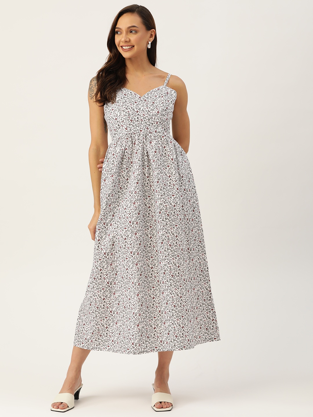

Rue Collection White & Brown Floral Pure Cotton Midi Dress